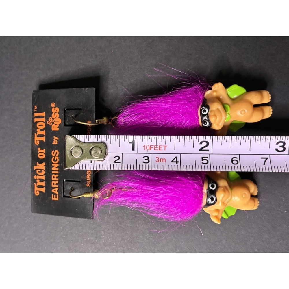 VTG Halloween Troll Doll Earrings RUSS Cape Mask Hero Pierced Dangle y2k - Picture 2 of 3